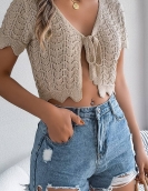 Summer lace hollow short -sleeved knitted cardigan vacation navel sunscreen shirt