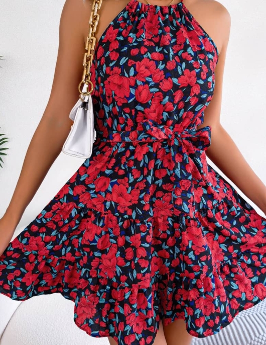 Casual ruffled large crushing flower dress vacation skirt