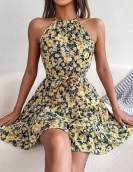 Casual ruffled large crushing flower dress vacation skirt