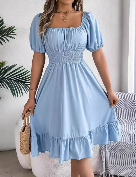 Casual square collar short -sleeved waist -leaf edge skirt