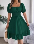 Casual square collar short -sleeved waist -leaf edge skirt