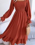 Leisure square collar horn sleeve big lotus leaf long skirt