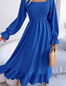 Leisure square collar horn sleeve big lotus leaf long skirt