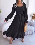 Leisure square collar horn sleeve big lotus leaf long skirt