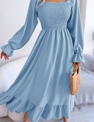 Leisure square collar horn sleeve big lotus leaf long skirt