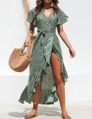 Spring sexy leading irregular high waist lace -off chiffon print dress