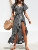 Spring sexy leading irregular high waist lace -off chiffon print dress