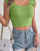 Solid color square collar wood earless cooler knitted shirt exposed navel top