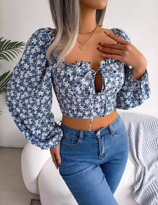 Sexy wood ear lace -up flower chiffon shirt exposed navel top