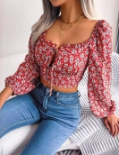 Sexy wood ear lace -up flower chiffon shirt exposed navel top