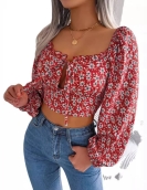 Sexy wood ear lace -up flower chiffon shirt exposed navel top