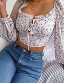 Sexy wood ear lace -up flower chiffon shirt exposed navel top