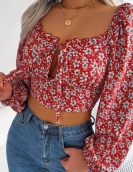 Sexy wood ear lace -up flower chiffon shirt exposed navel top