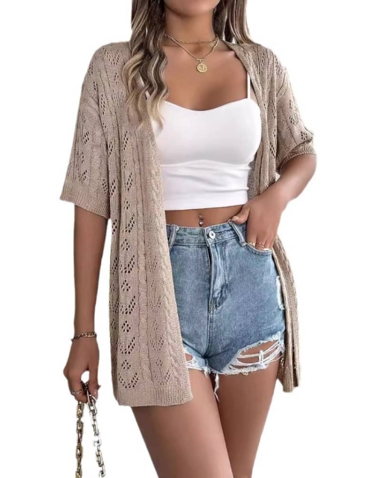 Hollow short -sleeved knitted cardigan vacation sunscreen shirt