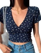 Retro Wind Broken Flower Cross -Leading Umbilical Short Sleeve Women's Top