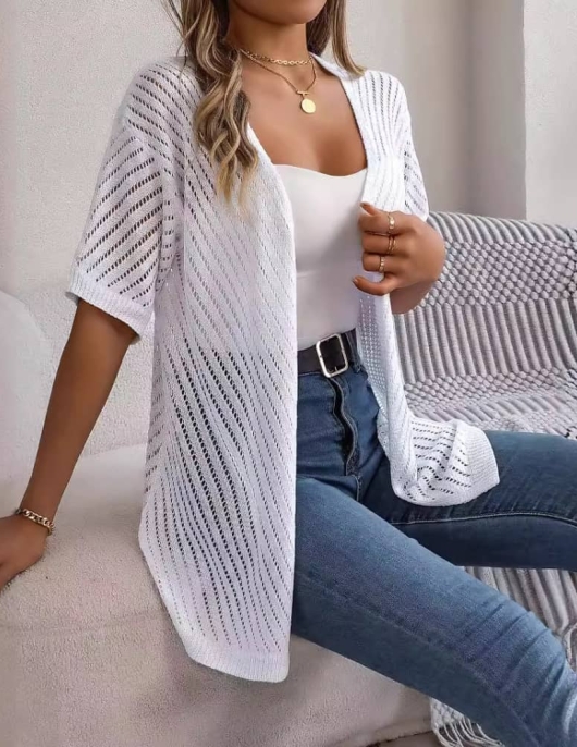 Summer summer hollow short -sleeved knitted cardigan vacation sunscreen shirt