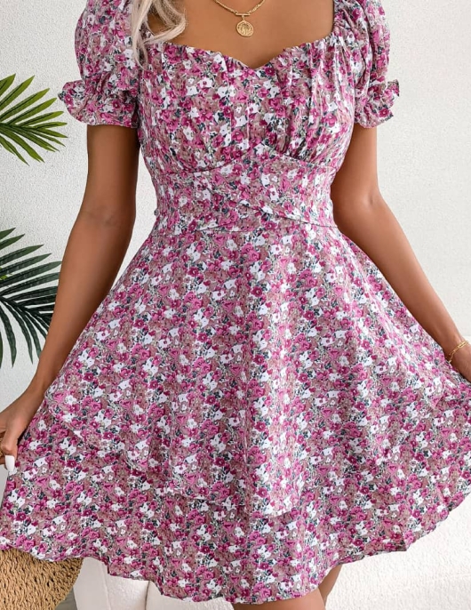 Temperament floral band waist swing dress