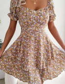 Temperament floral band waist swing dress