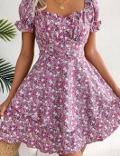 Temperament floral band waist swing dress