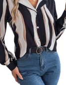 Leisure versatile color striped suit collar long -sleeved shirt girl