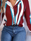 Leisure versatile color striped suit collar long -sleeved shirt girl