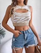 Summer hollow contrasting zebra tattoo navel sweater vacation top