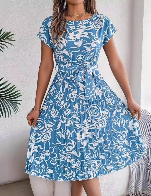 Elegant flower short -sleeved large swing pleated dress