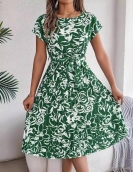 Elegant flower short -sleeved large swing pleated dress