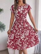 Elegant flower short -sleeved large swing pleated dress