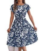 Elegant flower short -sleeved large swing pleated dress