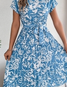 Elegant flower short -sleeved large swing pleated dress