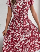 Elegant flower short -sleeved large swing pleated dress