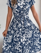 Elegant flower short -sleeved large swing pleated dress