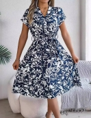 Leisure collar button bat sleeve flowers large dressing dress