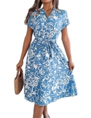 Leisure collar button bat sleeve flowers large dressing dress