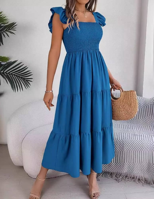 Summer pure color square collar wood ear waist waist long skirt