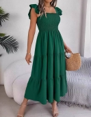 Summer pure color square collar wood ear waist waist long skirt