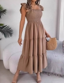 Summer pure color square collar wood ear waist waist long skirt