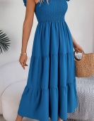 Summer pure color square collar wood ear waist waist long skirt