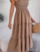 Summer pure color square collar wood ear waist waist long skirt