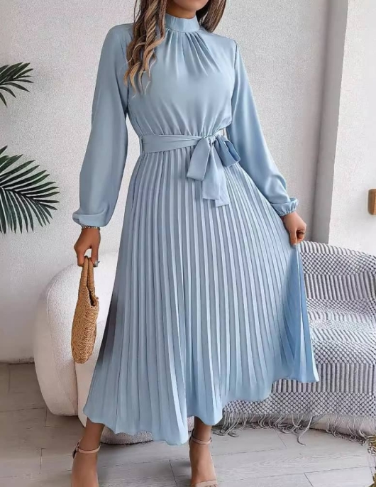 Elegant stand -up long -sleeved long waist pleated long skirt small dress