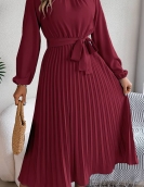 Elegant stand -up long -sleeved long waist pleated long skirt small dress