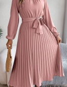 Elegant stand -up long -sleeved long waist pleated long skirt small dress