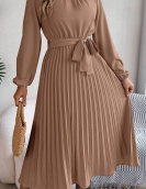 Elegant stand -up long -sleeved long waist pleated long skirt small dress