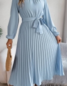 Elegant stand -up long -sleeved long waist pleated long skirt small dress