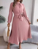 Elegant stand -up long -sleeved long waist pleated long skirt small dress