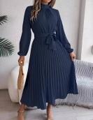 Elegant stand -up long -sleeved long waist pleated long skirt small dress