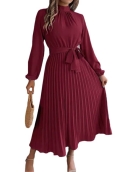 Elegant stand -up long -sleeved long waist pleated long skirt small dress