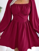 Casual pure color wood ear linge -collar waist large dress