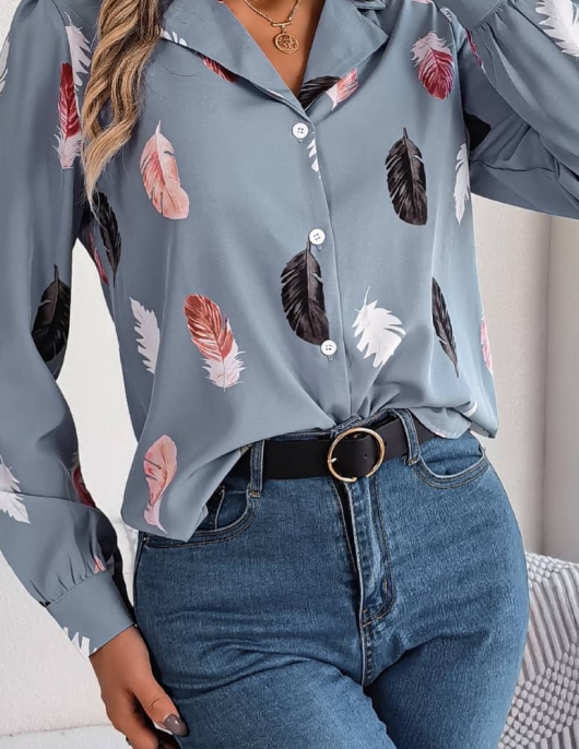 Temperament Feather Printing suit collar long -sleeved shirt